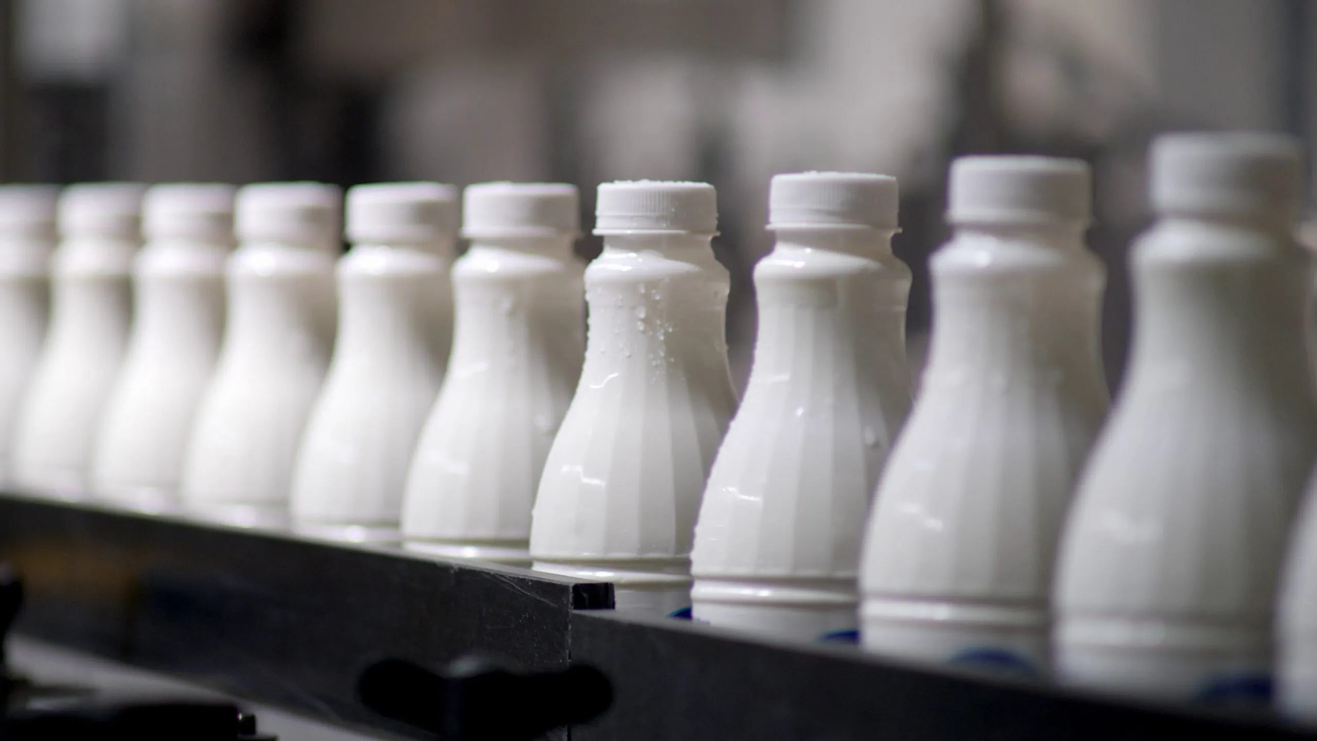 white plastic milk bottles sorted at the production line in a warehouse